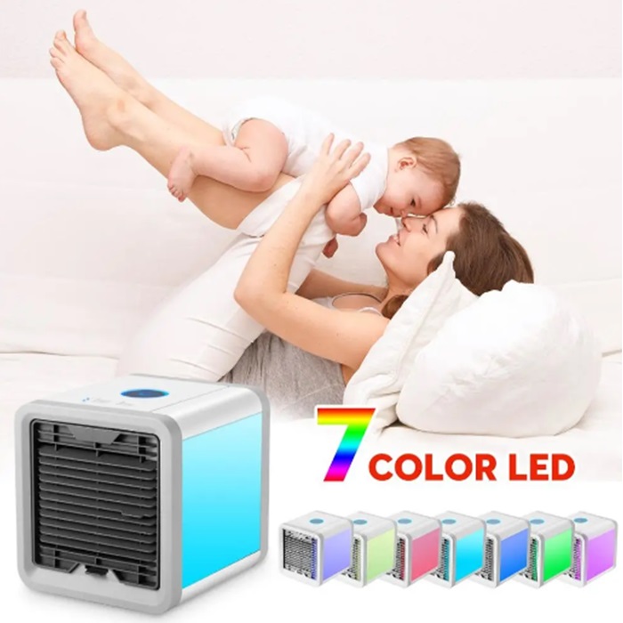 7 Colors LED Light Mini Air Cooler Conditioner on The Table with USB