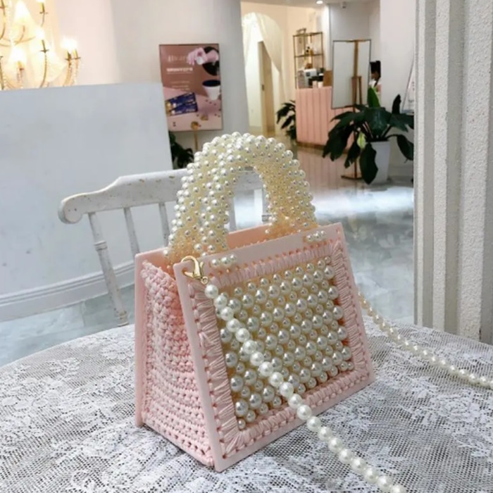 Sweet Pink Acrylic Clutch Pearl Bead Ladies Hand Bags