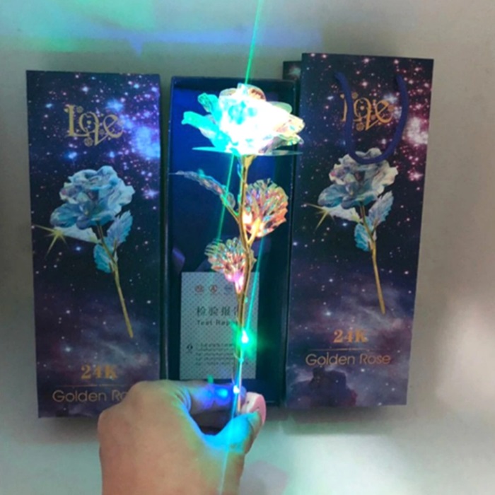 Valentine′s Day Rainbow Galaxy Artificial Crystal Rose Starry Sky 24 Gold Plated Rose Gold Foil Rose Flowers Valentines Day Gift