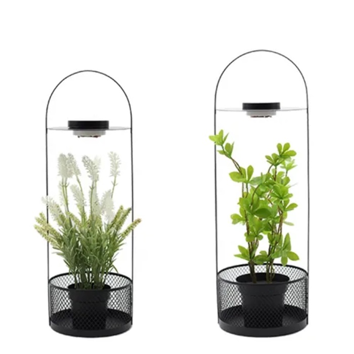 LED Metal Lantern Planter with Handle Hanging House and Garden Decoration Flower Pot with Simulation Flower